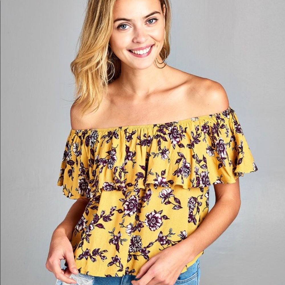Yellow/purple off/on the shoulder women’s shirt.